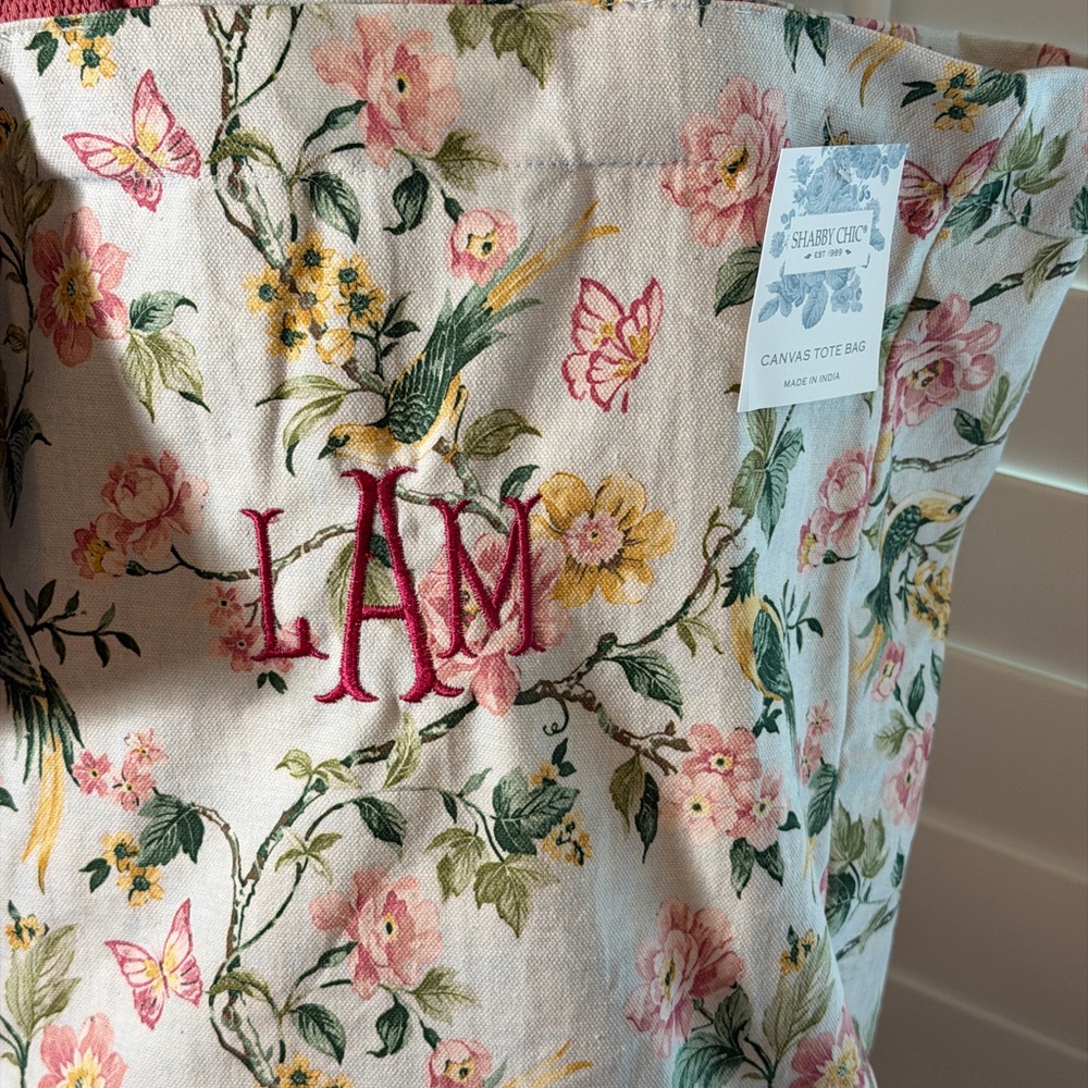 NWT personalized Shabby Chic Floral Canvas Tote Bag with Pink Embroidery